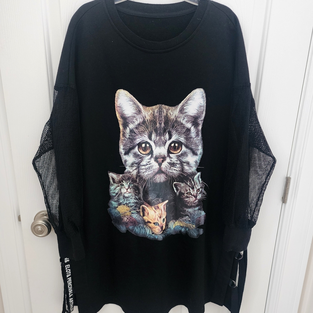MAX DY Black Cat Graphic Sweater Sweatshirt L-XL Gothis Punk Style Sheer Sleeves